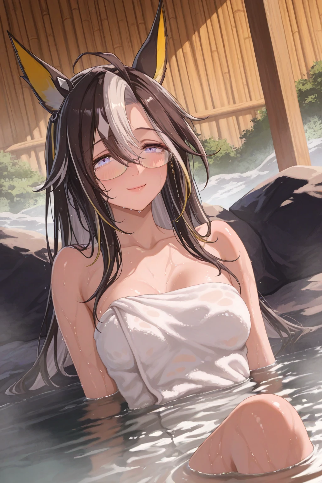 cute dog girl, nsfw, (((showering naked in a waterfall))), (((medium breasts exposed))), nipples, (very happy expression), (((eyes closed))), ((((on all fours)))), (((focal point))), ((close-up full body shot)), ((dynamic angle)), (long black hair, wet and shiny), (((dripping wet body))), (dog ears), (dog tail), (dog collar), ((detailed water droplets, sunlight filtering through trees)), ((dynamic and beautiful lighting)), BREAK, masterpiece, UHD, detailed and high quality, serene atmosphere, vibrant colors, flowing water, detailed background, joyful mood, intricate details, natural beauty