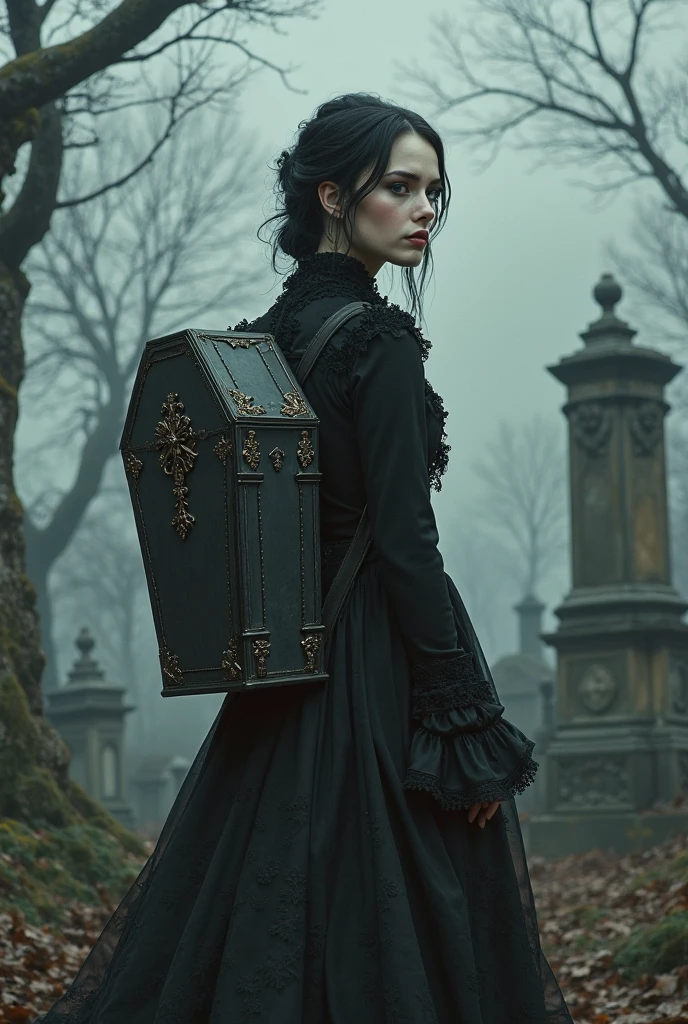 arafed woman carrying a casket in a cemetery, miss aniela, lori earley, goddess of death in a graveyard, cgsociety contest winner!!, by Rudy Siswanto, by Alexander Kucharsky, cgsociety contest winner, fantasy photography, cgsociety contest winner!!!, tom bagshaw weta studio, casket, realistic fantasy photography