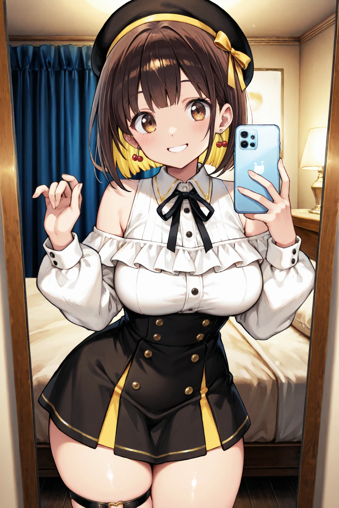 irohaisshiki, iroha isshiki, long hair, brown hair, (brown eyes:1.5), Take a selfie from above your head,with left hand, He opened the collar of his shirt to show his cleavage..,smile, smile, open your mouth,short braided hair,ponytail,blush,smile,Maid clothes,Medium chest,she was wearing a miniskirt, black pantyhose, sitting cross-legged on a chair,So that the whole body is included in the illustration,
break indoors, coffee shop,
break looking at viewer,
break (masterpiece:1.2), highest quality, High resolution, unity 8k wallpaper, (shape:0.8), (fine and beautiful eyes:1.6), highly detailed face, perfect lighting, Very detailed CG, (perfect hands, perfect anatomy),