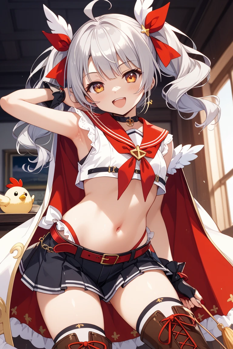 masterpiece, (detailed, highres, best quality), 1girl, <lora:spgbfVikala:1> vikaladef, white hair, white shirt, crop top, frilled white miniskirt, heart brooch, hairclip, hair bow, buttons, wide sleeves, thigh strap, midriff, blurry, blurry background, day, depth of field, moe2022, outdoors, striped, water, wet