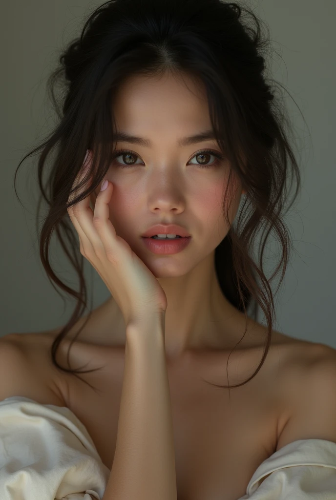 masterpiece, best quality, ultra-detailed, facing the camera head on, intricately detailed hyperdetailed, realistic, sharp features, highly detailed, sharp focus, perfect face, perfect face, perfect symmetrically perfect eyes, perfect full lips, flexible female form, cinematic, film light, hyper detailed, hyper realistic, dynamic studio lighting, nsfw, ((Dark background)), Sexy face, Facial expressions when receiving pleasure,
