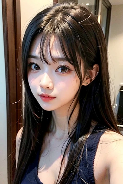 Seorang wanita dengan rambut hitam + mata emas, memiliki 2 mole dibawah matanya, memakai seragam akademi