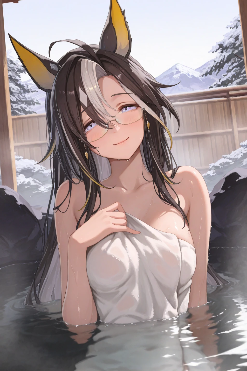 Hiiragitsumugi, Lavender Grey hair, long voluminous hair, brownish yellow eyes,11years old , , empty eyes , large breasts, nipple, Running, , Heavy snowfall area frozen wet crying mountain Alone, Smile Naked, solo, 1girl,