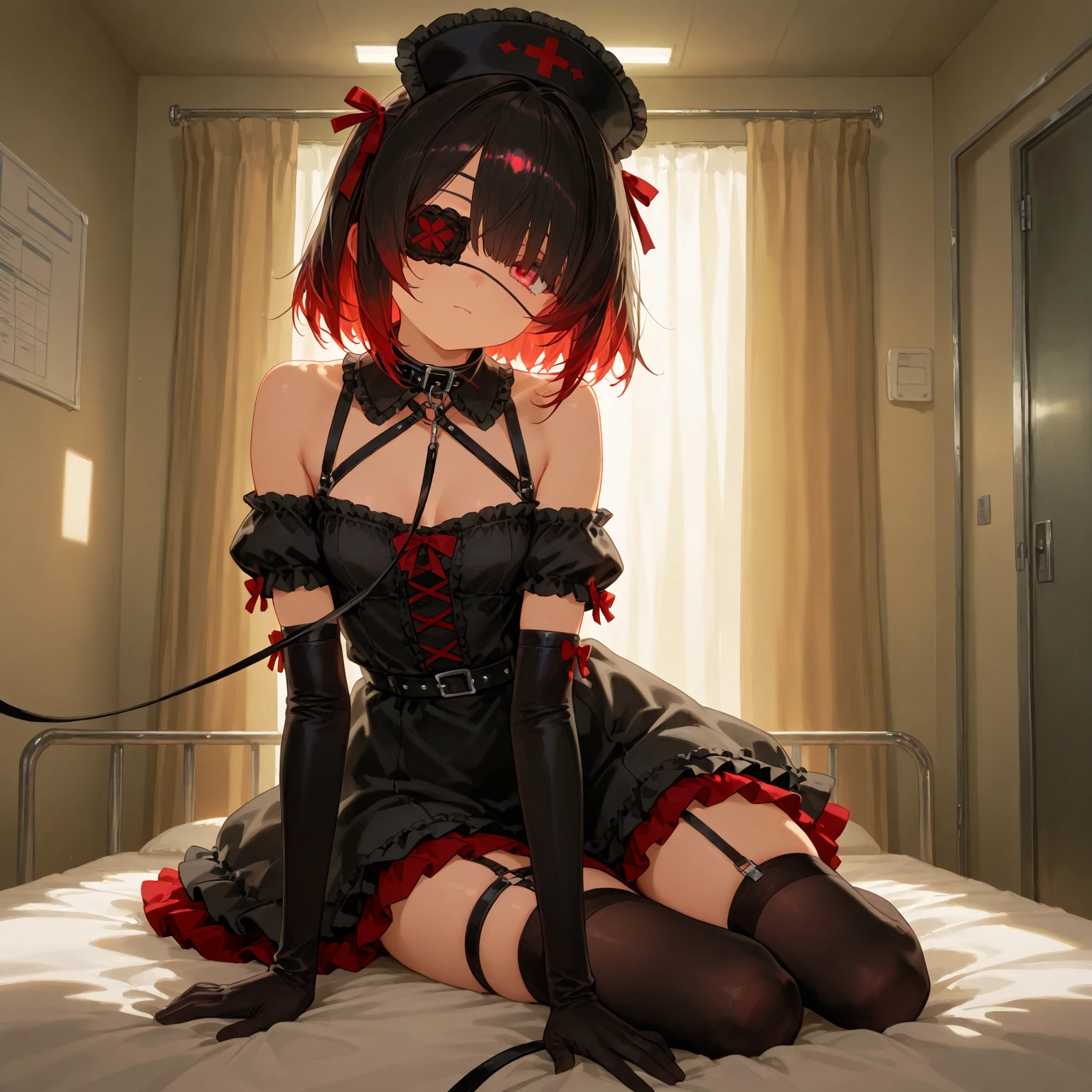 Hands Behind Back,Tied with hands behind back,lick,open mouth,tongue out,cum on tongue,front face,from front,front view,looking at viewer, looking ahead,from above,cowboy shot,1girl,Beautiful girl at 13 years old,Japanese,Slender,,low length,Small breasts,Thin legs,Small Ass,Baby Face,Small face,Black Hair,two side up,Black blindfold,blindfold,middle School girls,A see-through black and red negligee,lingerie,Collar with leash,Kneeling,Straight Stand,Beautiful and detailed anime art,Desire expression,crave,Sexy vibe,Dimly lit room,On the bed,Simple Background,Gray background,Low lighting,