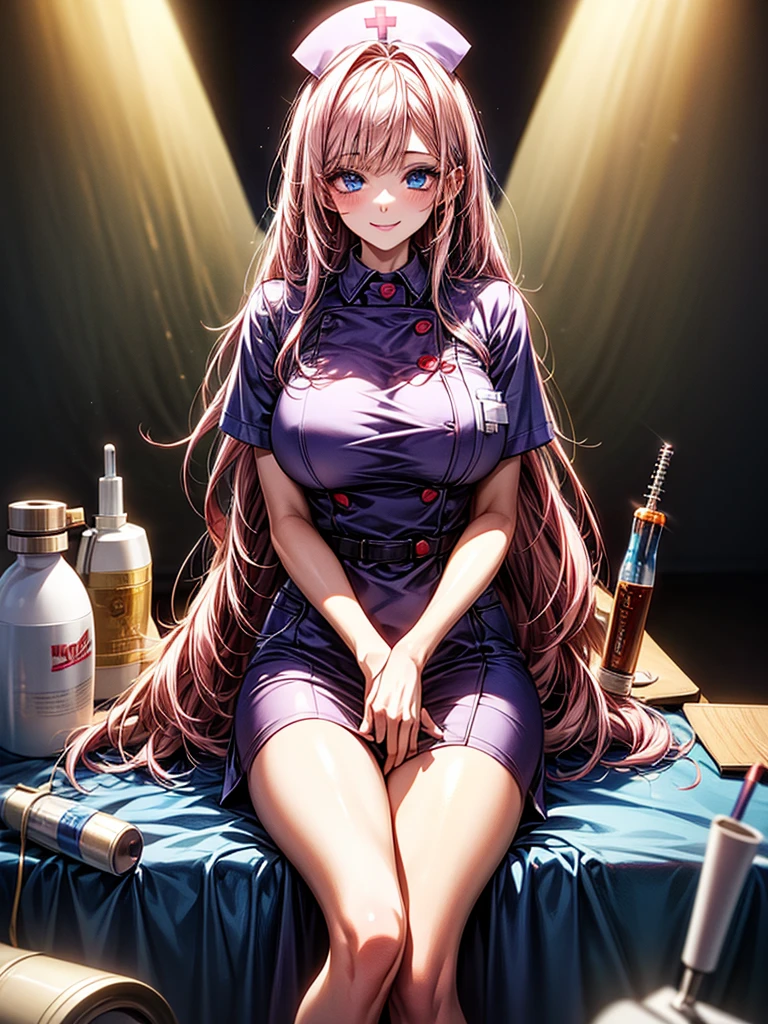 Pink hair, hair down, red eyes, red tight, ((holding up an orange medication bottle)), high resolution, close up, bedroom smug expression, mouth open, devuous smile, exposed legs