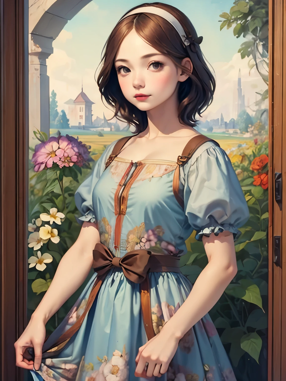 394 ((young woman)),(short hair),(Neat hair),(floral dress),(Leonardo da Vinci style paintings)