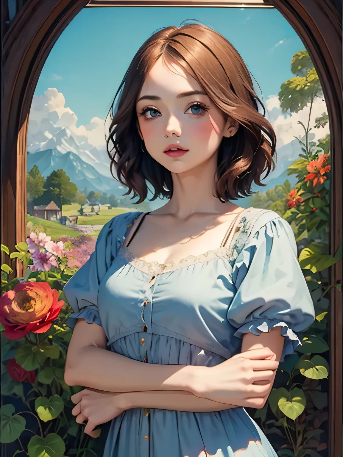 394 ((young woman)),(short hair),(Neat hair),(floral dress),(Leonardo da Vinci style paintings)