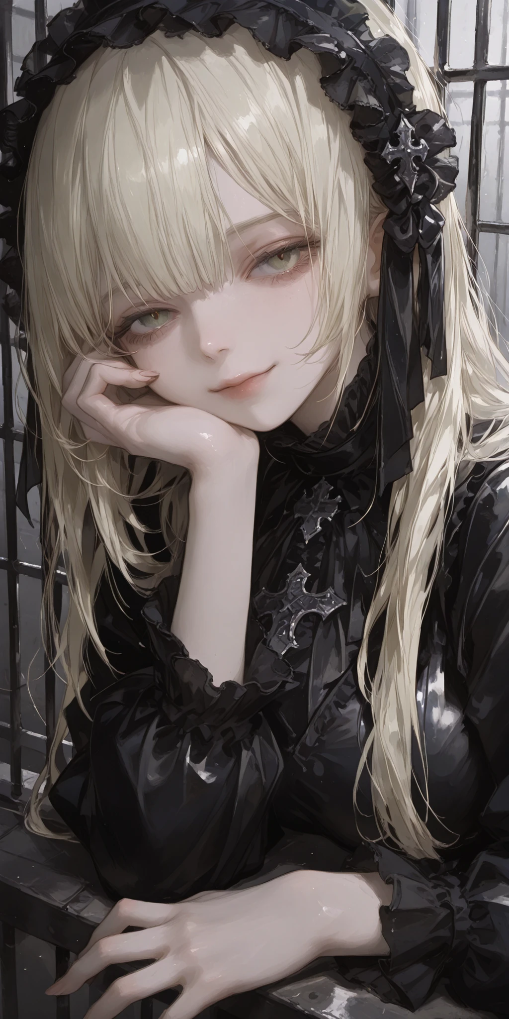 best quality, masterpiece, ultra detailed, atnr, SagawaStyle, 748cmstyle, 1girl, large breast, sweet, blonde long hair, princess cut, shiny skin, overly detailed pupils, headdress, dark Gothic, resting her cheek on her hand, light smile, half closed eyes, prison cell background, small hands