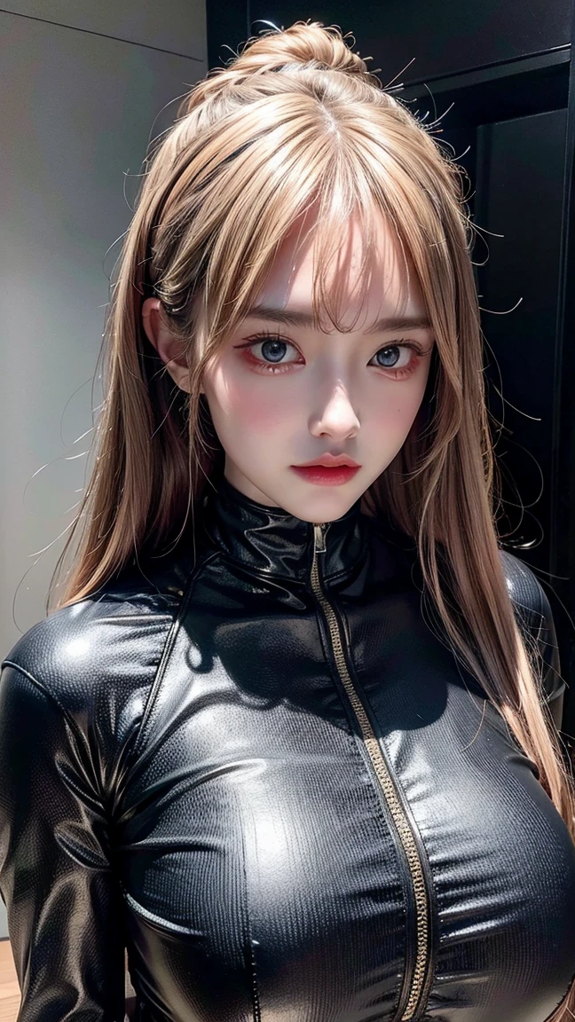 ((Best quality)), ((Masterpiece)), (Details: 1.4), 3D, Asuka Langley Soryu, Asuka, high resolution (high dynamic range), ray tracing, NVIDIA, super resolution, Unreal 5, subsurface scattering ,PBR texturing, post-processing, anisotropic filtering, depth of field, maximum sharpness and sharpness, multi-layered textures, albedo and specular maps, surface shading, accurate simulation of light and matter interaction, perfect proportions ,Octane Rendering,Two-Tone Lighting,Wide Aperture,Low ISO,White Balance,Rule of Thirds,8K RAW,(Masterpiece: 1.4, Best Quality), (Intricate Details), Unity8k Wallpaper, Highly Detailed, Beautiful and Mysterious, Details background, realistic, alone, perfectly detailed face, detailed blue eyes, highly detailed, blush, hair ornament, chignon mahogany hair, (blonde), plug suit 02, Shikinami Asuka Langley, Evangelion, Slender 15-year-old girl, full body suit, black background, above the waist,composition that shows the whole body,
