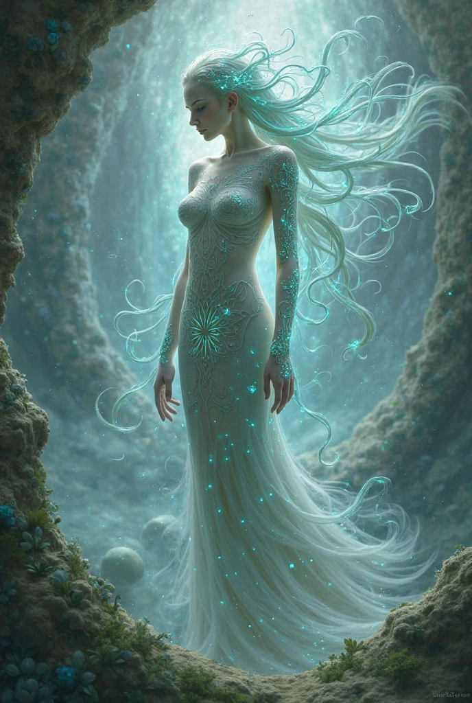 Jellyfish: Her outfit resembles a jellyfish with bioluminescent tendrils that gently sway with her movements. The soft glow of the tendrils casts an otherworldly light, creating an ethereal, seductive aura around her.