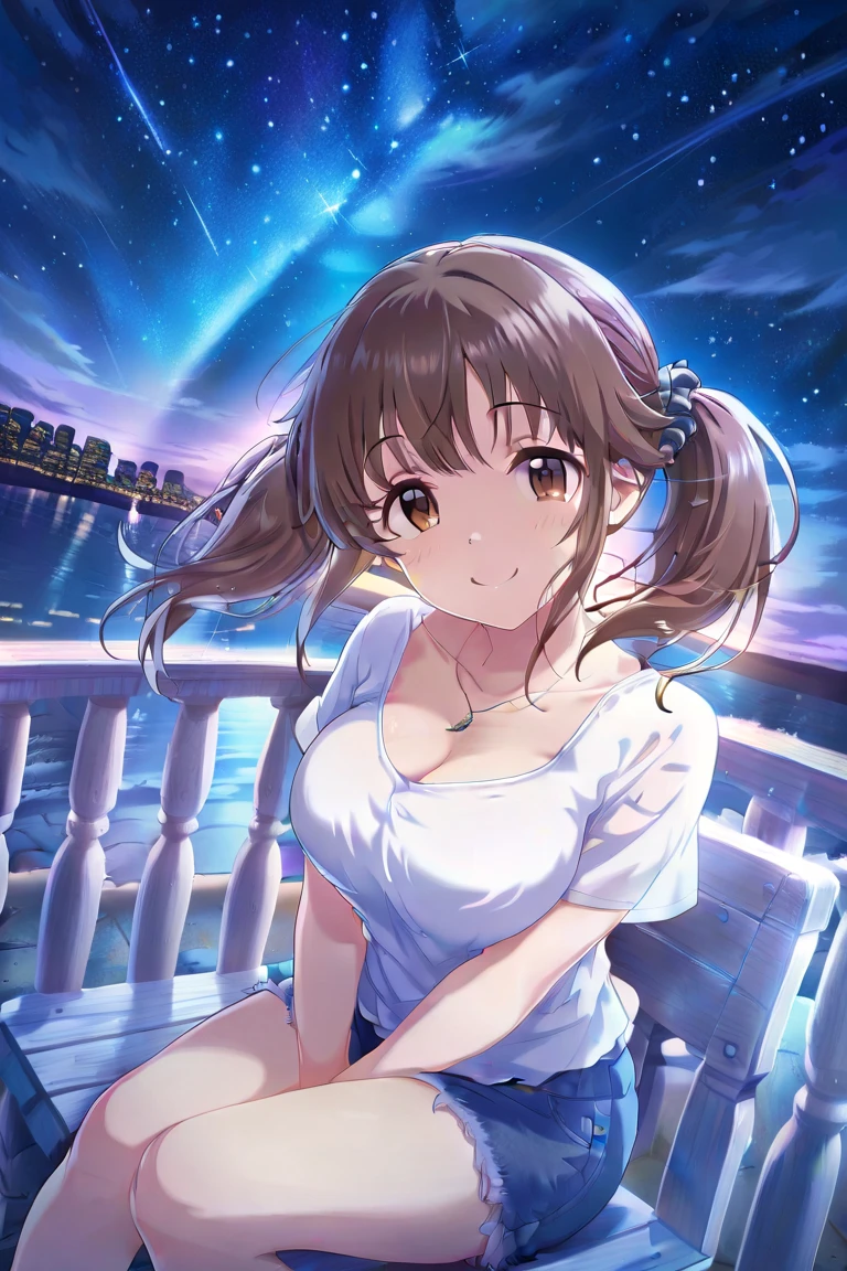 masterpiece, highest quality, sunset, One girl, Light brown hair,Straight Long Hair, Large Breasts, ((A kind smile)), View Viewer, Detailed eye depiction,Detailed hair depiction,
Rainy Town,Wet Hair,it's raining,Neon Light,Depicting the upper body,