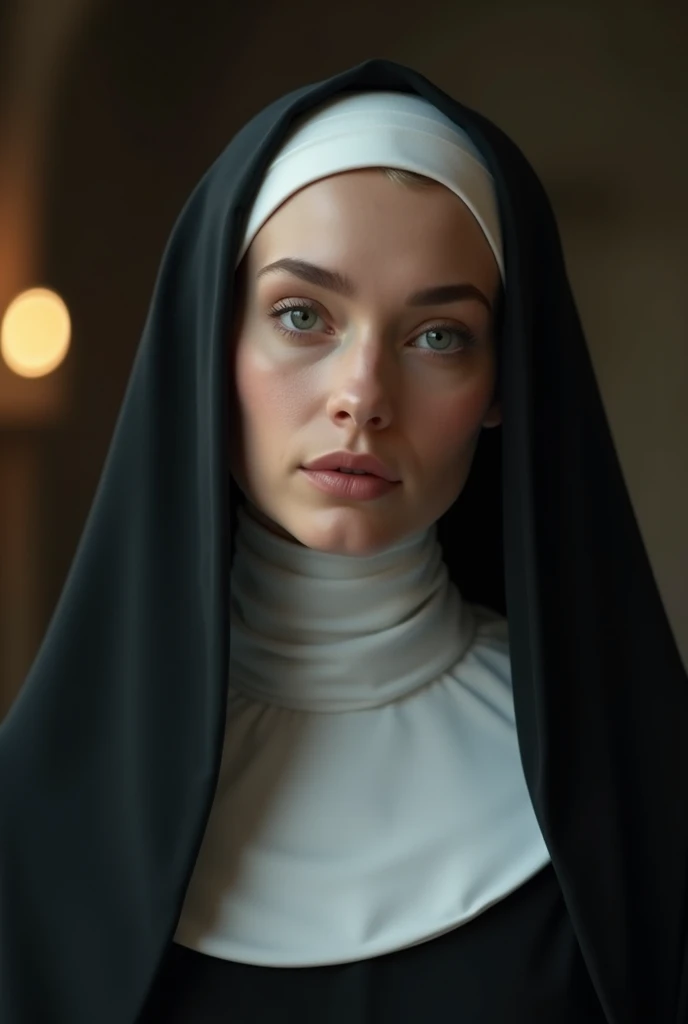 Beautiful young nun, Kneel and look up, At the altar of the chapel, Look up with your mouth wide open,The front of the face is covered with a cloudy ., Shooting from above, Front of body, (Detailed face, Highly detailed eyes and face, high quality, 8k, Realistic, masterpiece:1.2), (close, High angle shot), The ornate interior of the cathedral, Stained Glass Windows, Warm lighting, Serene atmosphere, religious, spiritual, Dedication, Contemplative