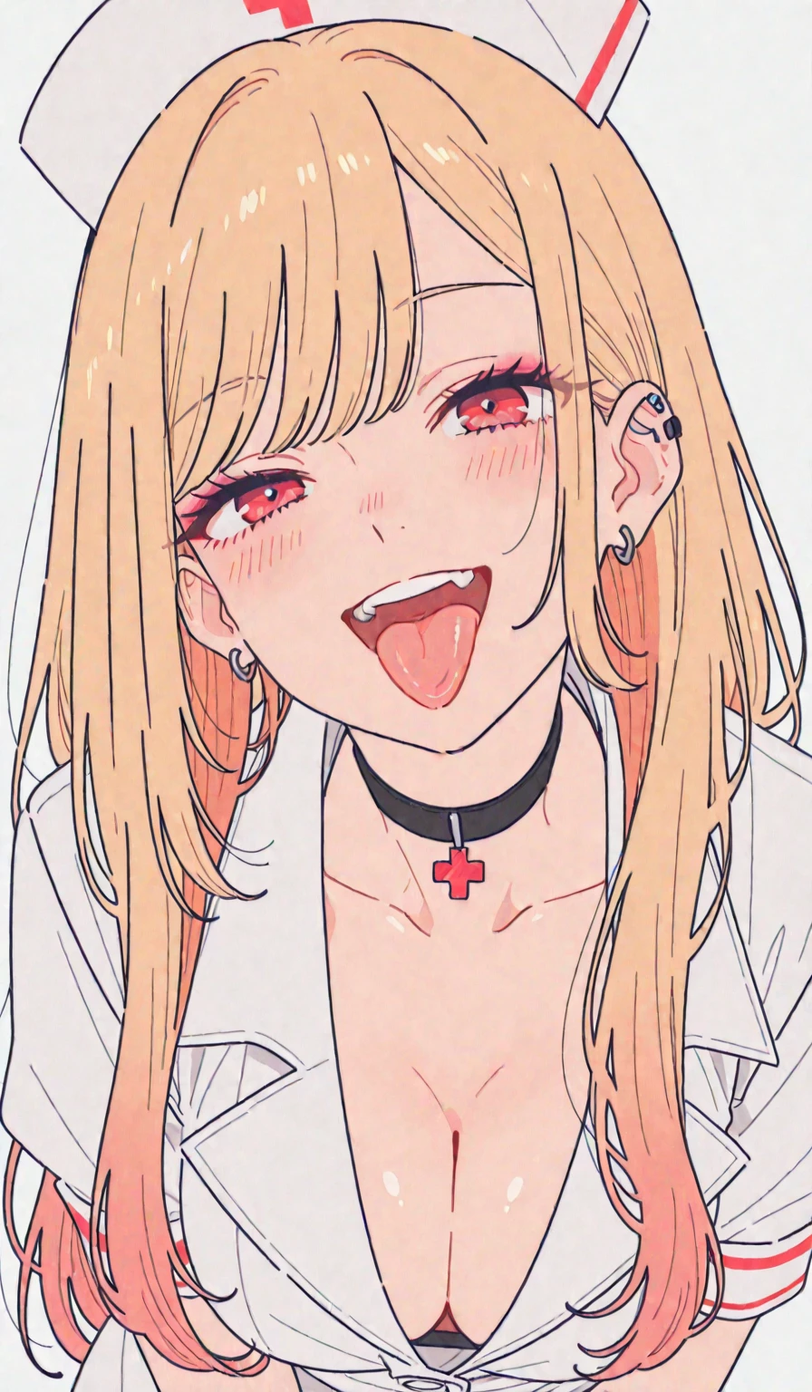 1 girls, White shirt, black tie, red eyelids, sexy mouth, Canine tooth, Tongue, Long hair, Realistic, high-detail