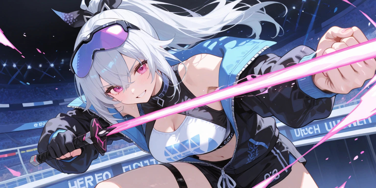 score_9, score_8_up, score_7_up, BREAK source_anime, best quality, masterpiece, <lora:Kearsarge-ayanami_azur_lane-pony:0.8> ,kearsarge_azur_lane,1girl,cute,medium breasts,pupils,purple eyes,long hair,white hair, ponytail,purple headgear,purple choker,open white jacket,black shirt,microskirt,mechanical wings,combat pose,proud,game cg,night,neon,glowing, laser beams, ocean