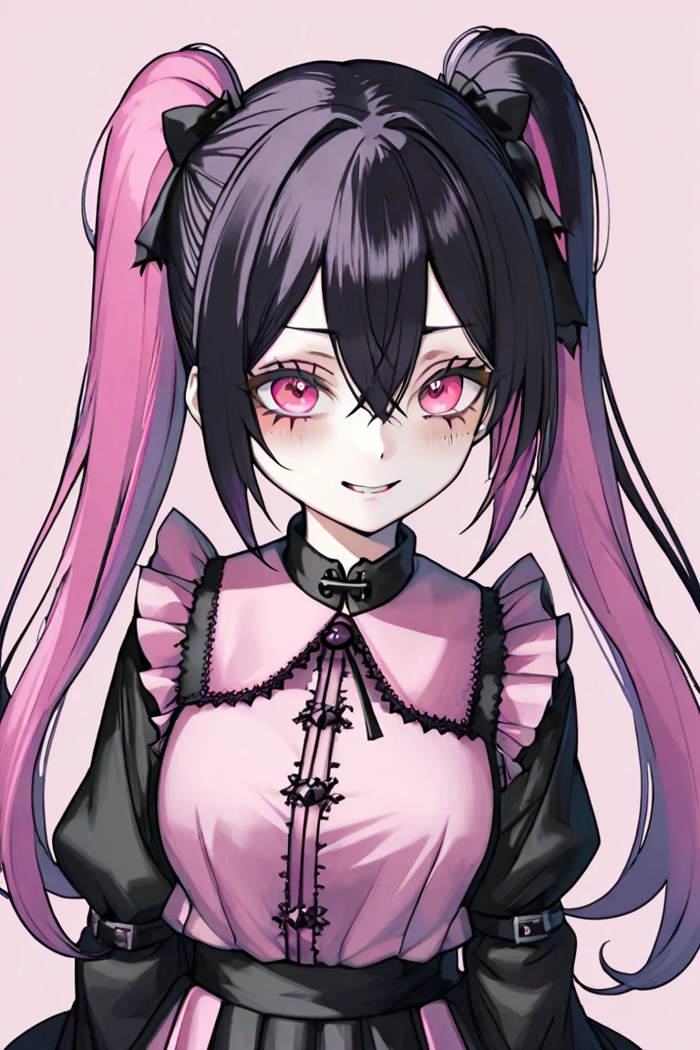 <lora:Draculaura_v3:0.8>, draculaura_mh, twintails, white skirt, pink top, black sleeves, pantyhose, smile, cowboy shot,
