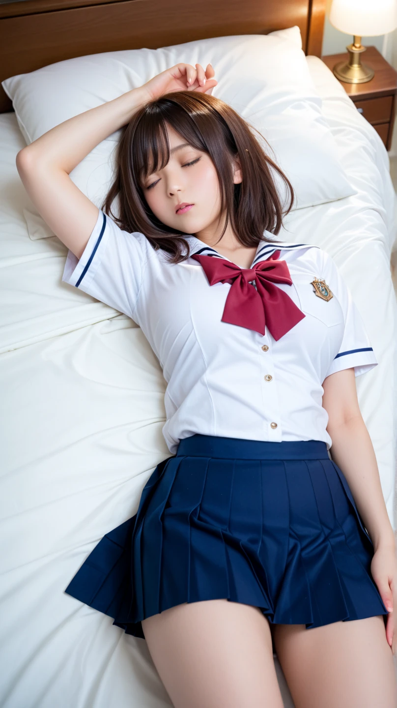 (masterpiece:1.2), super high quality, japanese girl, (super realistic), (super photographic style), 1girl, straight hair, (18 years old), large tits, (((school uniform))), lying on her back on a bed, head on the pillows, ((closed eyes)), ((legs spread)),