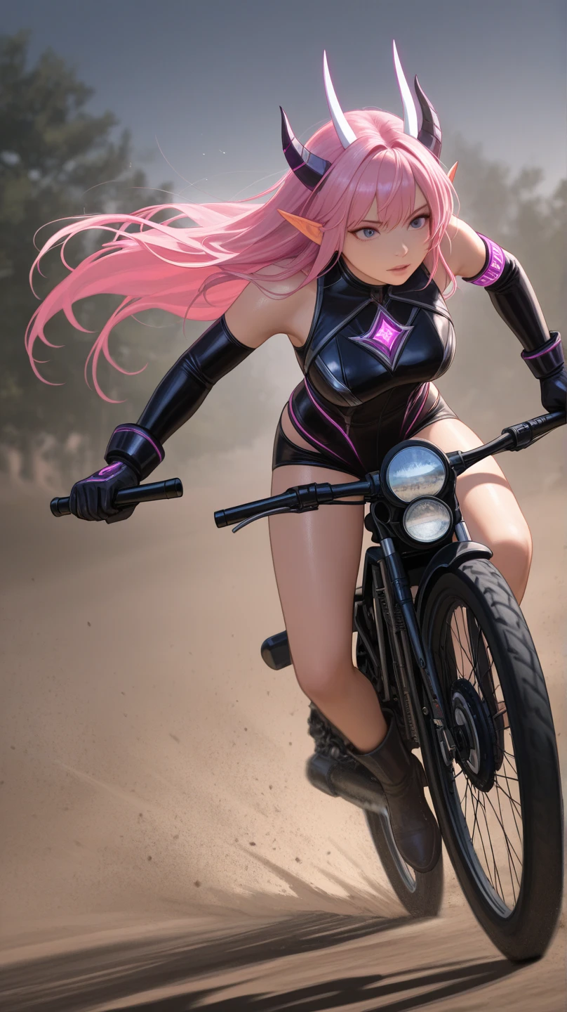 Hiten_kei style, oil painting, rough style, desert, neon light signage, cyberpunk, cactus, (1girl), extreme detailed, highest detailed, unity 8k wallpaper, ultra detailed, masterpiece, best quality, topless, nipples, stomach, helmet, goggles, hotpants, waist pouch, salmon pink hair, ponytail, long hair, smiling, small breasts, arm strap, motorcycle, wet body, open mouth, armpit, upper teeth visible, cowboy shot
