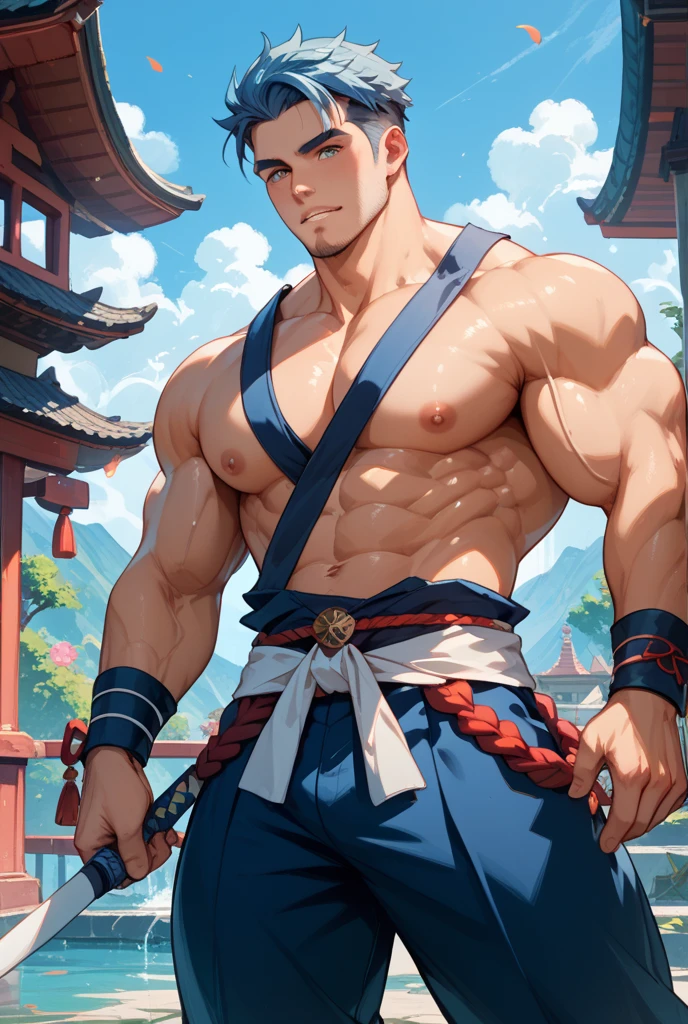 A male athlete,Wearing shorts,He is very muscular,Shot from below,Abstract Background,Lift up your trouser legs,scarf,Vest,Cloth wrapped around hands,Leg hair,Hair flutters in the wind,Open his legs,Hairy body,Hair on arms,Broad shoulders, huge, Muscular pectorals, Strong man, Carefree expression, Naughty smile, huge, 肌肉发达的身体和huge, Raised pectoral muscles, Muscle Abs, Willow Waist,