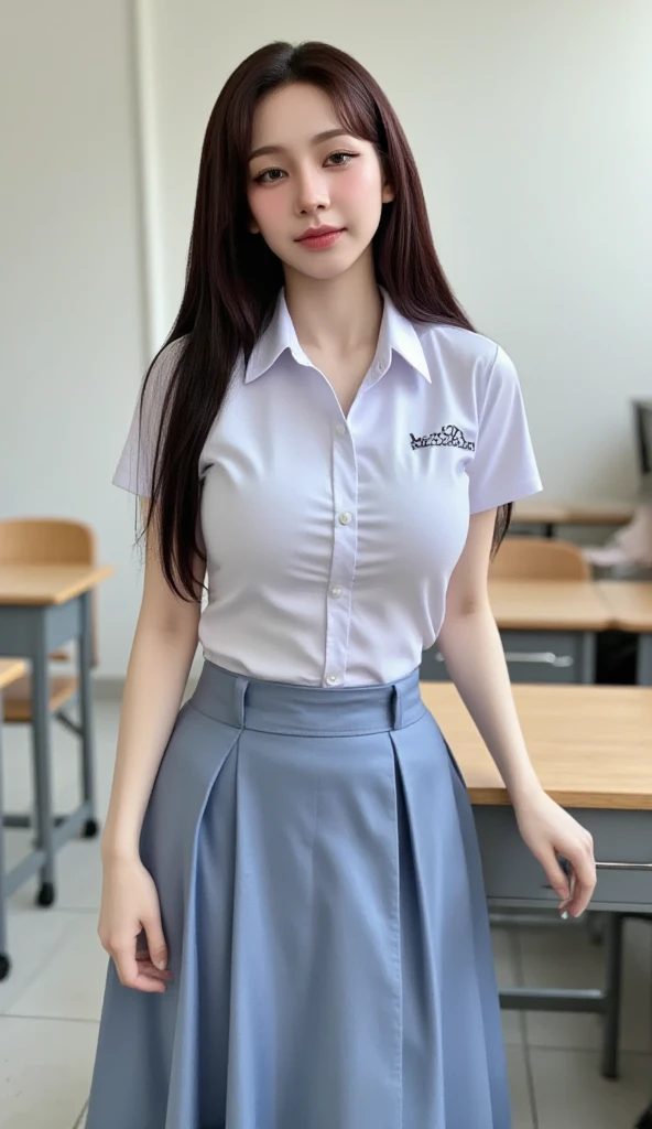 (Girl sitting on classroom chair,crossedlegs)、porate、bright expression、young and shiny white shiny skin、Best Looks、ultimate beauty girl、The most beautiful platinum blonde hair in the world、Shiny light hair,、Super long silky straight hair、Beautiful bangs that shine、Sparkling crystal clear and charming blue eyes、Very nice and lovely 16 year old girl、Medium bust、(Uniform dark blue flared skirt)、(up skirt)、((No bra))((Hide with both hands,))