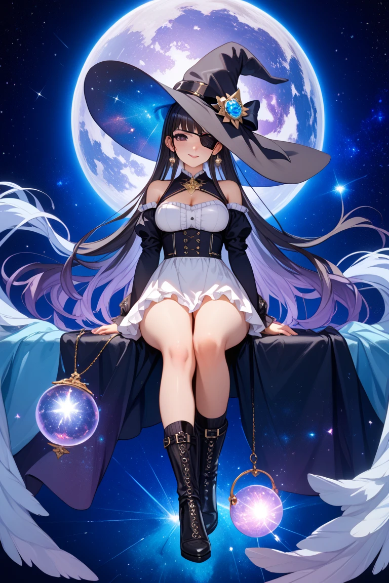 (Masterpiece:1.2), (absurdress), (Detailed Face),(A detailed eye), (Best Quality) 1girl, ((Black nightgown)), Long Dress, long puffy sleeves, (black night hat), hairlong, Dark hair, purple space eyes, sleepy eyes, (((in space))), ((((Sitting on the crescent moon))))