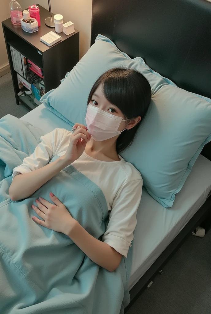 Girl  with a 小さいvibrator, Put a vibrator between your legs、junior high school student with too big, 15 years old, sleeping on bed, plump, closing eyes, falling down, yawning, excitement, mask,