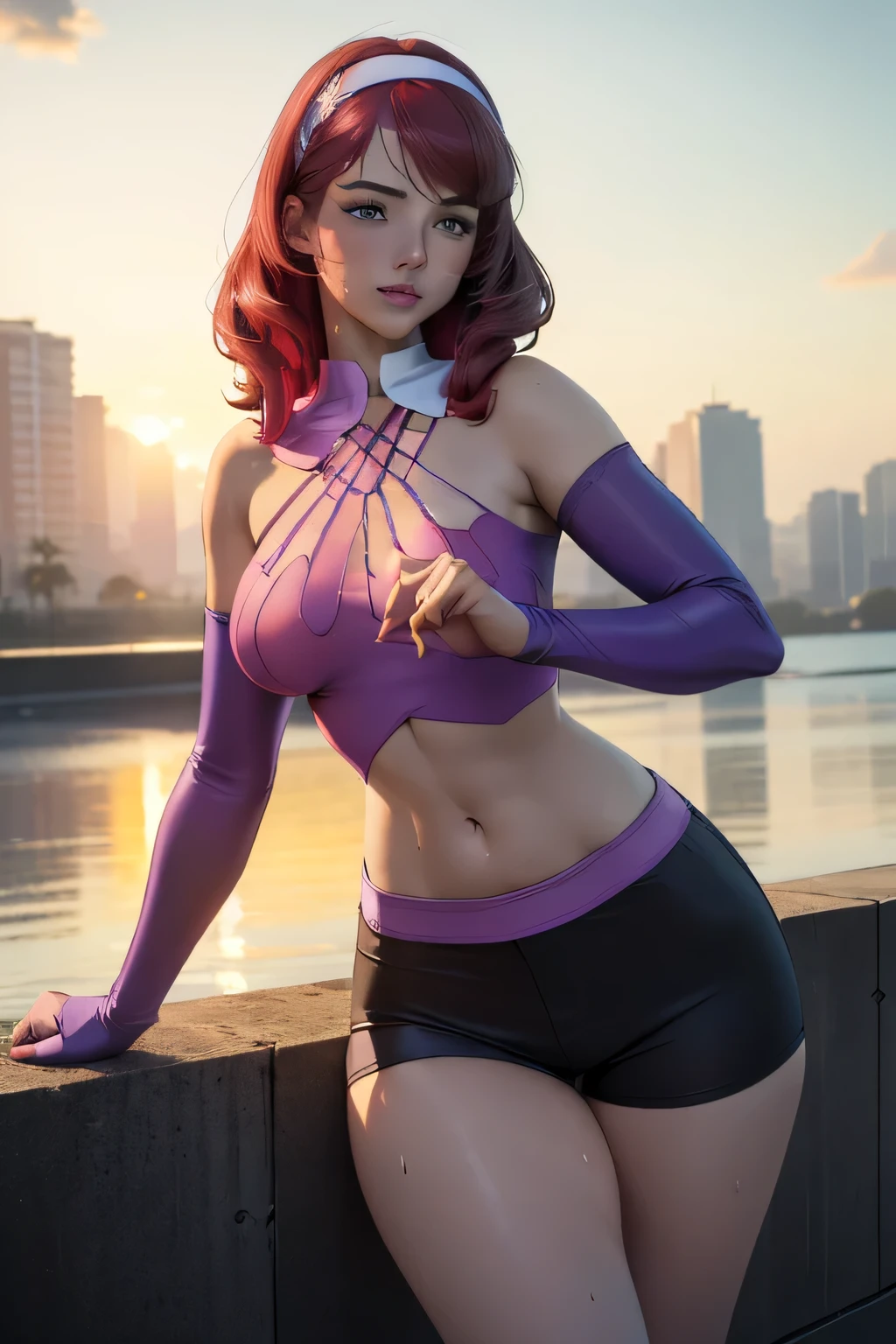 best quality, masterpiece, 1girl intricate detail, (full body), detailed face, smug, looking at viewer, detailed hairstyle, choker, <lora:igawasakura-taimanin-richy-v1:1> igawasakura, orange hair, <lora:Starfire Costume_v1:1> starfire costume <lora:add_detail:1>