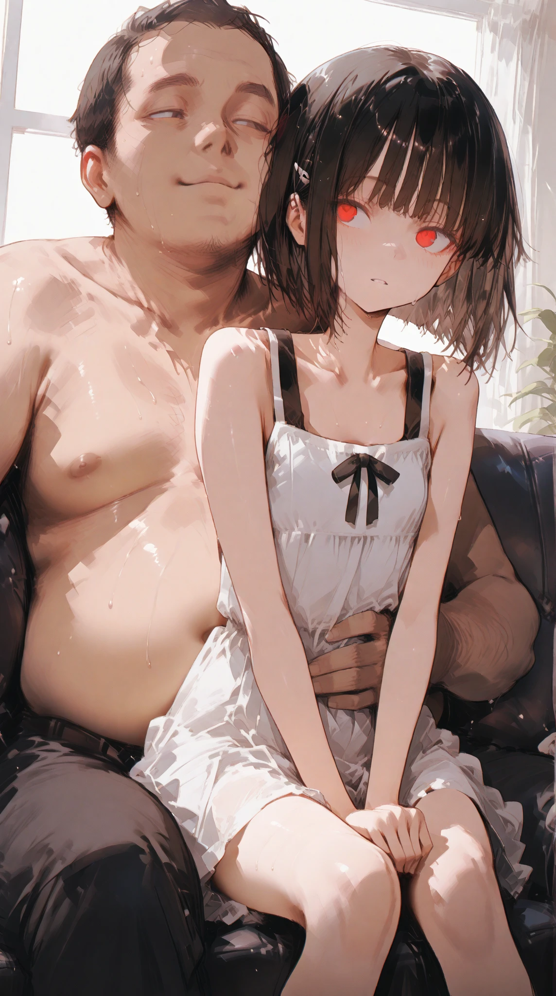 (masterpiece:1.4)、(1male people:1.9)、1girl、15 years old,(:1.2),high school student,beautiful girl,(short ponytails:1.2),akb48,nogizaka46,sailor suit,high ,(A father is touching his delicate girl's crotche:1.9)、student clothes、a closeup、Lying in bed、Father touching the crotch of delicate girl、(Cute 15-year-old delicate girl with semi-long hair and 50-year-old father with short hair)obscenity:1,2、Metamorphosis:1,2、NSFW:1,2、caress:1,2、Wrinkles between the eyebrows、Touching each other's crotches、red blush、toppless、White panties、Dark blue pleated mini skirt、tre anatomically correct,(small breasts:1.2),(skinny:1.2),
