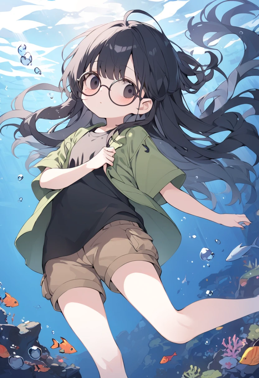 (Big red round glasses:1.3)、(Timid girl、blush、Watery eye:1.2)、blue eyes、Long black hair、White short sleeve shirt、Navy blue shorts、Gym suit、 body、Flat body