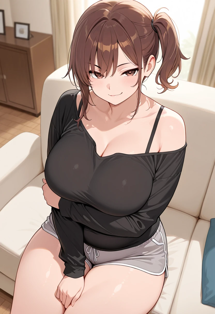 mature_lady, 1girl, solo, score_9, straight hair, short hair, brown hair, undersized clothes, baggy clothes, white shirt, black shorts, sitting, sofa, indoors, looking at viewer, smile