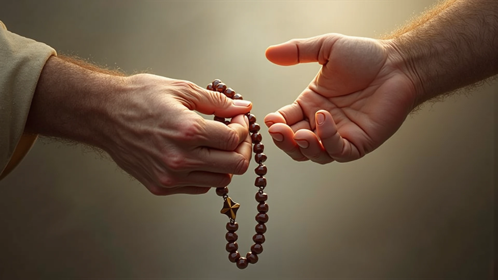 hand holding praying beads, black and white 