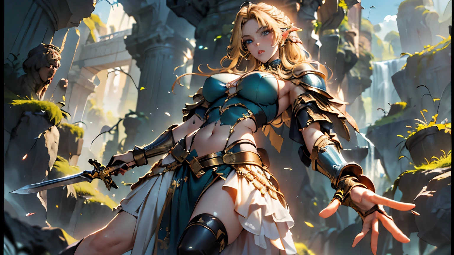 ((best quality)), (detailed), 1 women big pornstar dark barbarian class, 8k_wallpaper, extremely detailed eyes, (large masterpiece digital art), (intricate details:1.3 ), (ultra-detailed:1.3), (sharp focus:1.3), (natural lighting:1.05), (vivid colors:1.3), (best quality:1.4), expressive eyes, full body, detailed face, beautiful face, perfect face, ((hair sandy white curls)), ((gold horns)), (gold eyes), {{dark skin}}, ({dark skinned female}), big breasts, huge chest, powerful relief muscles of the abdomen and legs, powerful strong muscles of the arms, belly piercing with blue emeralds, cruel predatory and cold-blooded arrogant look and smile, an open blue coat with rolled up sleeves, a translucent yellow crop top very clear outlines of huge pointed nipples with large piercings under the fabric, steel combat pauldrons, steel bracers and leather gloves, leather shorts, walks along the path against the backdrop of a ruined elf village and flowering vines and wild forests, style dark fantasy and adventure fantasy world,