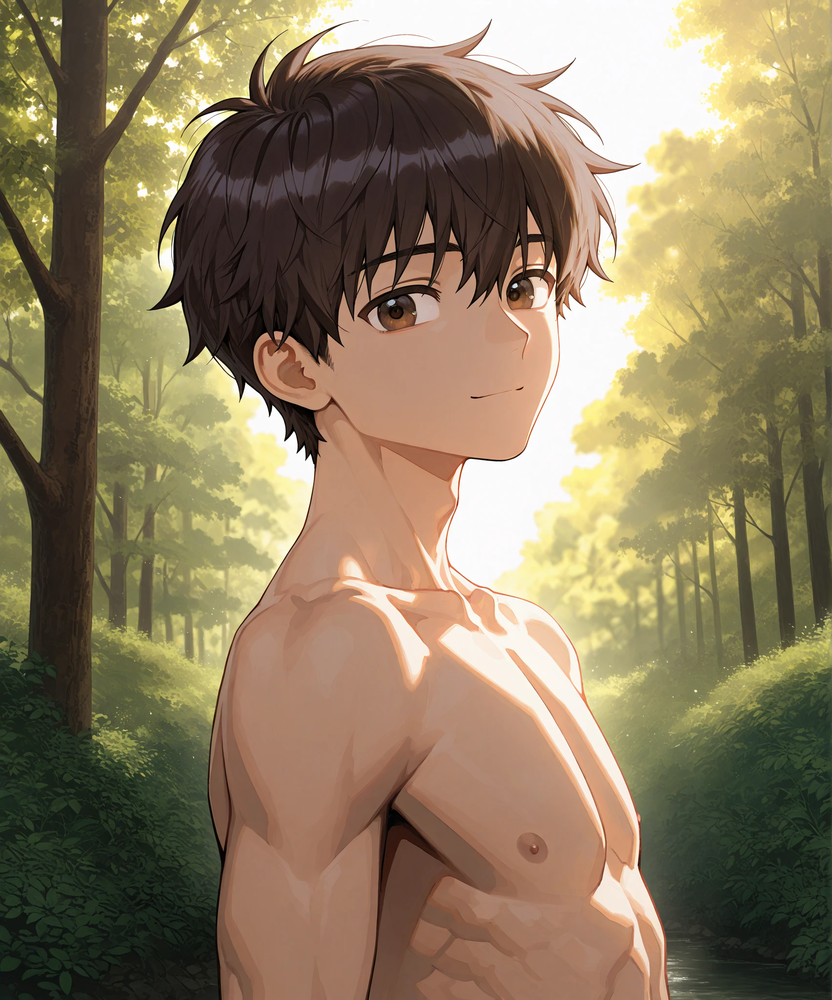 A handsome boy, 25 years old, brown spiky hair, light hazel brown eyes, masculine pose standing in a meadow, mysterious lighting, shirtless, wearing only a micro thong, muscular physique, looking into the camera, half body shot, head to thighs, 