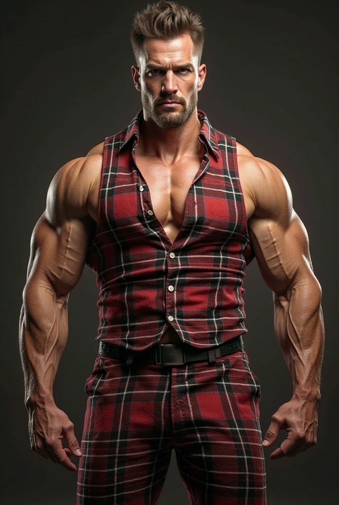 Broad muscular shoulders, Chest muscles, abdomen, Vascular biceps and triceps, Flannel shirt, Handsome,warrior,cream