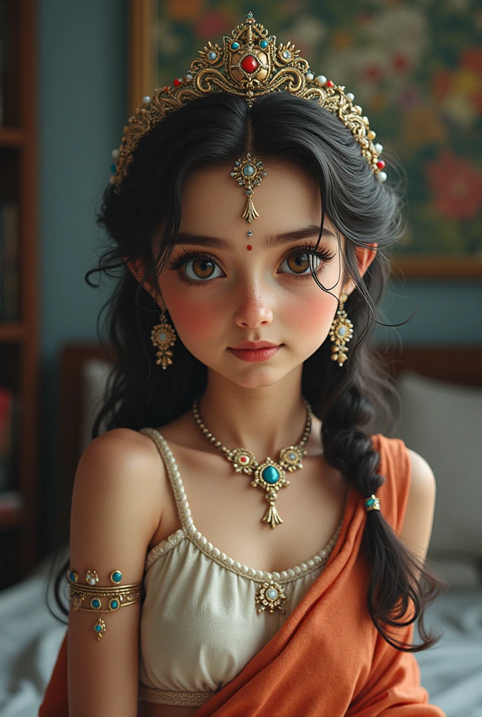 11 years old sexy indian girl round innocent face in off shoulder top very cute glowing face, innocent face, girl, drama queen, tantrums,
(ultra realistic,32k, masterpiece:1.2),(high detailed skin:1.1),( high quality:1.1), looking at viewer, (beautifully lit:1.1), blurry background, black puffed bun hair, bangs, (pink lips:0.9), medium breasts:(0.5) mascara,