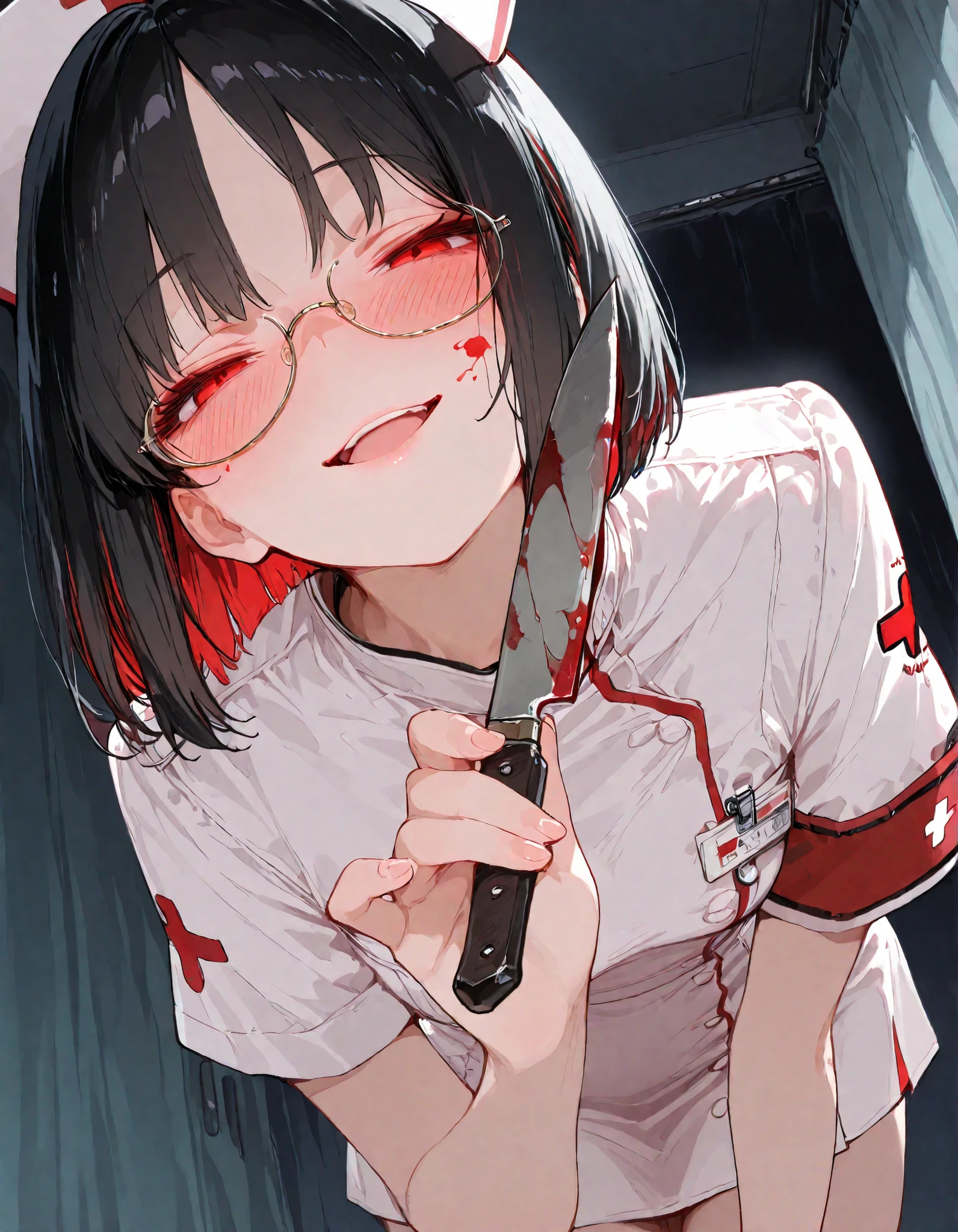 masterpiece, best quality, good quality, newest, highres, absurdres, 1girl, solo, looking at viewer, highlights in hair, details hair,
blush, black hair, bob cut, parted bangs, red eyes, wearing glasses,white nurse uniform, nurse cap, half-closed eyes, dutch angle, open mouth,
seductive smile, blood on face, holding, holding knife, blood on knife, from below, skirt, leaning forward, close-up, yandere, 

