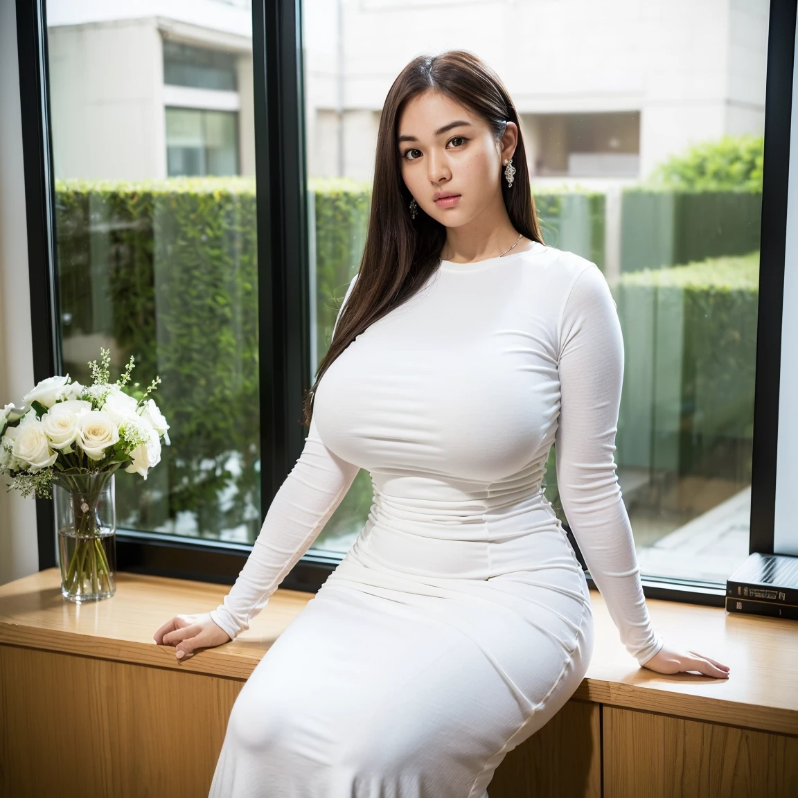 Draw lips correctly, red lipstick, from chest up, best quality, Super detailed, lifelike, Super fine skin, perfect anatomy, (1 日本Mature的女人), (alone),Wear a white crew neck shirt,short sleeves,Blue denim,wavy long hair,37-year-old female,Mature,charming smile,Luxury shopping mall background,stand,Leg length,Chubby body,Big breasts,stand up,full-body shot