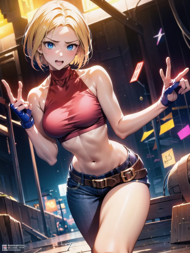 mother and daughter, age_difference,size_difference, two girl huge each other, masterpiece, best quality, very aesthetic, absurdres, ,blue_mary(fatal_fury), snk, the_king_of_fighters, mother and daughter, bare_shoulders, blonde_hair, blue_eyes,  short_hair, bob_cut, sweat,crop_top, fingerless_gloves, large_breasts, midriff, navel, red sleeveless_turtleneck, blue denim pants, belt,cityscape, leaf, moon, night, night_sky, outdoors, sky, skyscraper,,floating_hair,
