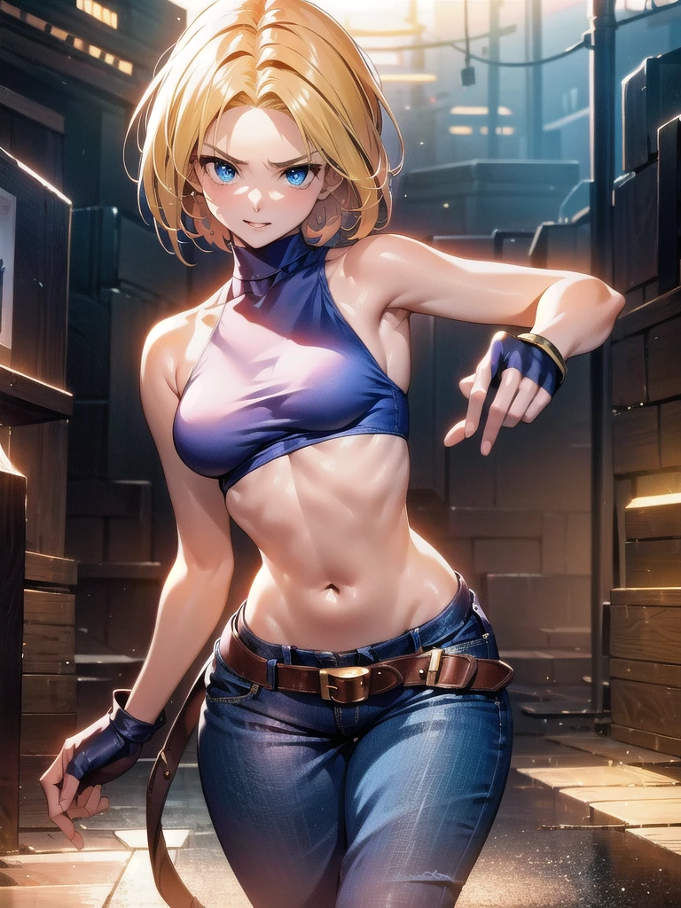 Young girl, short blonde hair, blue eyes, soldier's uniform, sleeveless, open belly, pants, gun, serious look, masterpiece, high quality