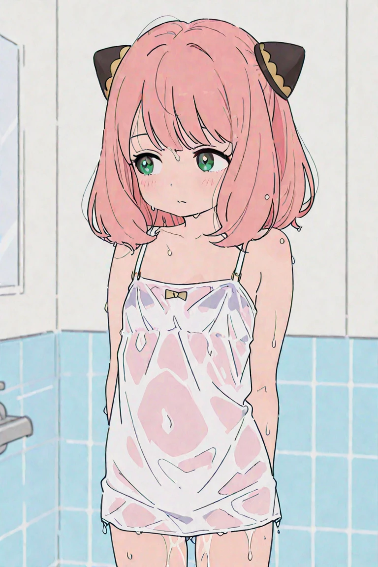 So 70's Pastel theme, naked anime woman in bathroom, illustration 