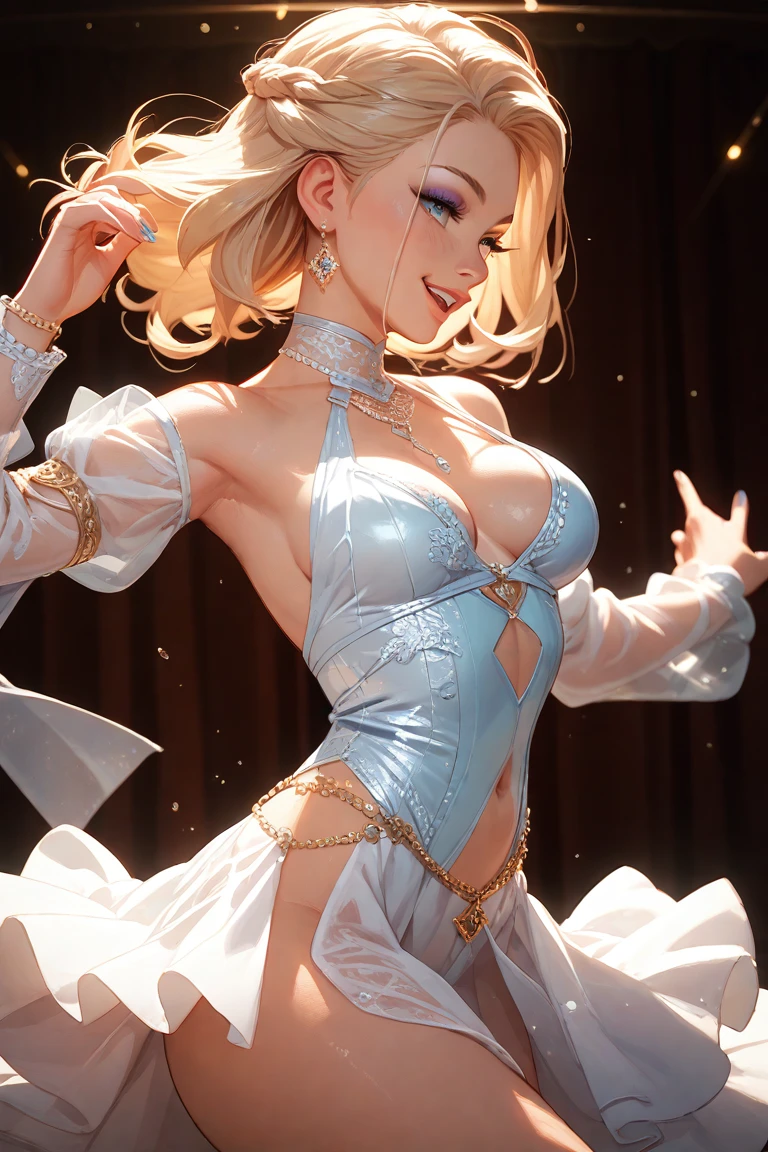 1 Girl (looking at viewer) (low-angle view) arms up,slenderbody ((dance costume,)) barefoot (hand nail pink) (foot nail red) fullbody (natural smile) sole (highest quality、High resolution、masterpiece:1.3) natural smile、Super detailed High resolution、High resolution HDR RAW photos、4K 8K、Unity 8K、wallpaper、very detailed、real、real person、photorealistic portrait photography、beautiful、detailed depth、fine-grained、very fine、perfectly focused、1、slender body shape、enchanting smile,(shiny skin:1.4),glossy skin,white skin, fair skin, an extremely delicate and beautiful pale skin finely detailed skin (light blonde spiral curl hair) Beautiful face、Intricate details exquisitely expressed in the texture of the face and skin,(blue eyes:1.2),fine eyes、sexy pose、earring、(double eyelid:1.2) in dance party