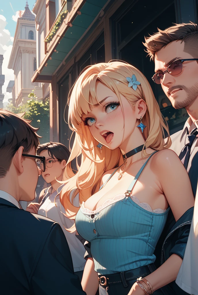 (Cinematic shot, Masterpiece, fishyeye lens, huge file size, super detailed), ((female teacher in a crowd of sexy girls, 5 females, lesbian sex scene, rough sex, lesbians)), (many beautiful females),female crowd, female orgy, obedient pose, bent, pushing head down, (hand in panties:1.3, hands on neck, rough sex scene, choking:1.3), (chained, restrained, tied, golden chain, vagina penetration, chain around bodies , chained collar, handcuffs, rough:1.4), unbuttoned white shirts:1.3, slim, (fingering, female masturbation:1.2), (cold light, cold blue tones), flat blue background, highly detailed, best quality
