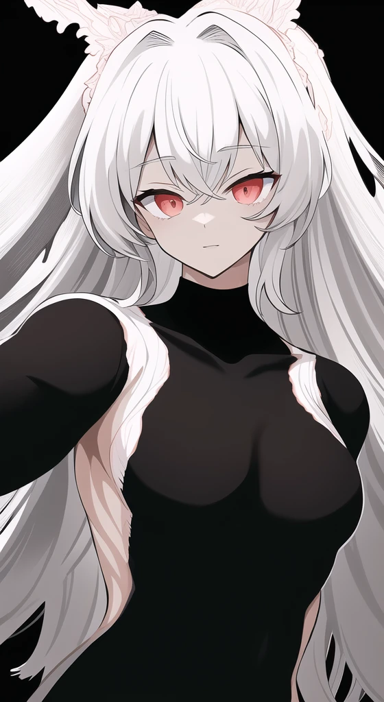 1mature woman,serious,black elegant outfit,glued clothes,white hair,long hair,elf ears,cleavage,(white background,line drawing)