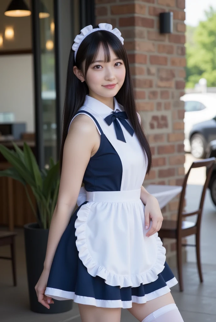 Cute face like an 18-year-old idol Smiling Kindly Japanese Gothic Lolita Cosplay Frills Maid clothes Cleavage (Ultra mini skirt) (Are standing) morning good morning greeting Hotel Living Room (Whole body) RAW Photos High resolution Genuine live-action Accurate depiction Realistic