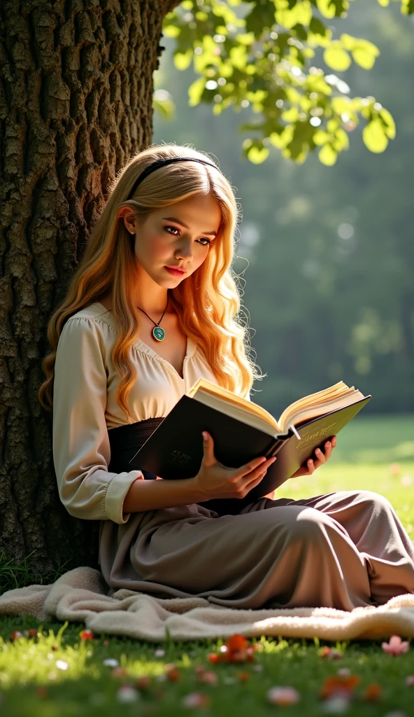 Blond girl sitting by a tree reading a book