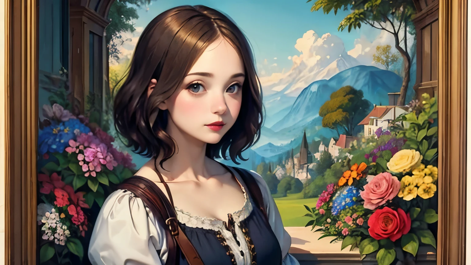 394 ((young woman)),(short hair),(Neat hair),(floral dress),(Leonardo da Vinci style paintings)