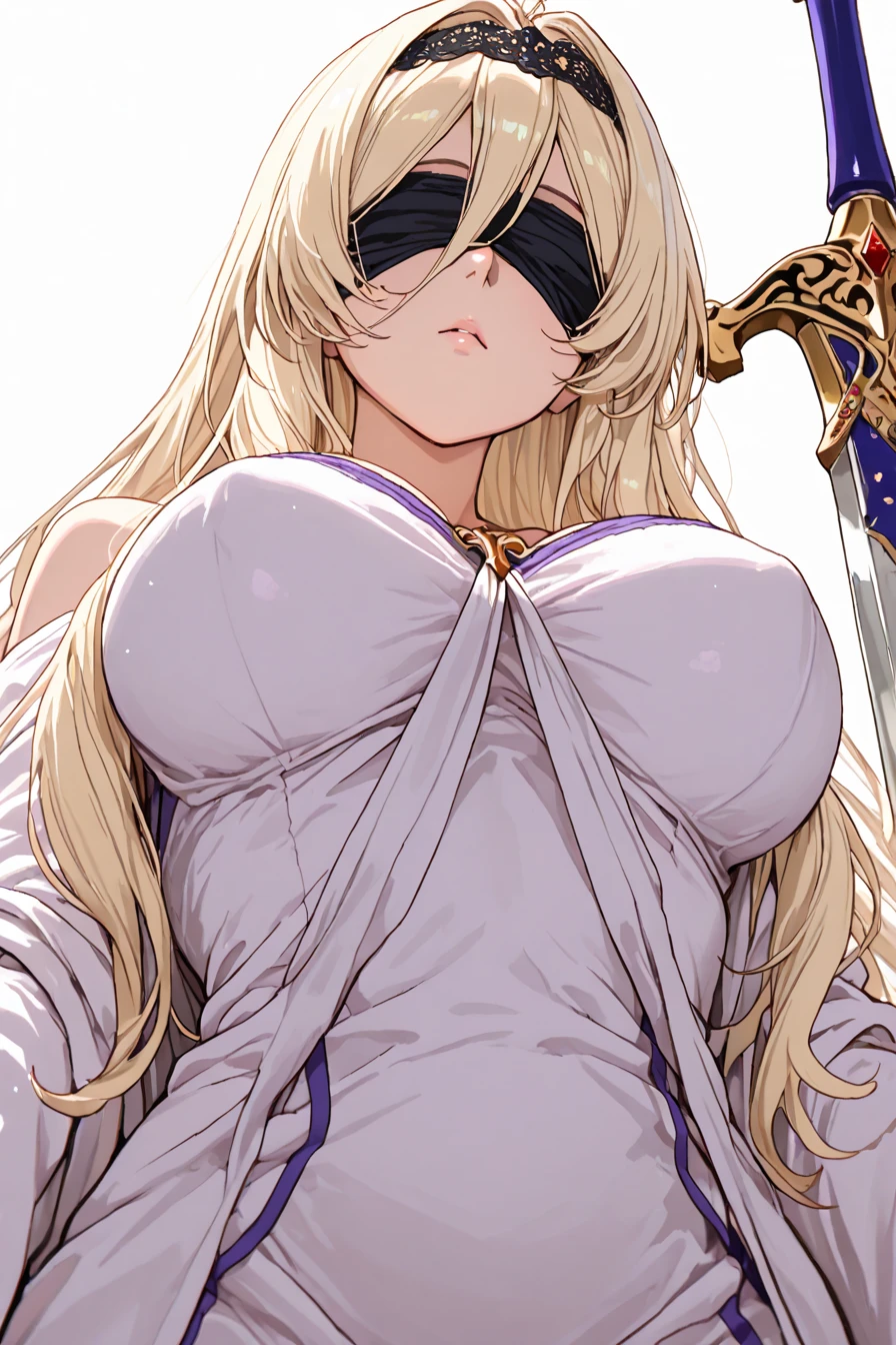 kelolinde,1girl,jewelry,breasts,skirt,solo,shirt,bra,cleavage,pantyhose,necklace,looking at viewer,holding,black bra,long hair, yellow hair, purple color eyes, detail face, detail hair, detail eyes, detail bra,grumpy face