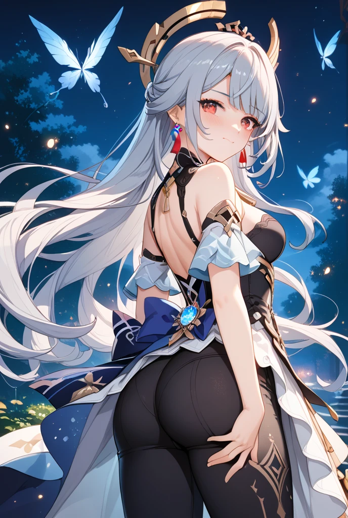 Highest quality, masterpiece, figure, wallpaper,One girl, Beautiful detailed girl, Highly detailed eyes and face, Beautiful attention to detail, Shine, View your viewers, Blue Eyes, Side Up,Beautiful silver hair, Thighs, ,crisp finger, clear background, deep night、Big earrings、bracelet、garter belt,Street,kimono,Autumn