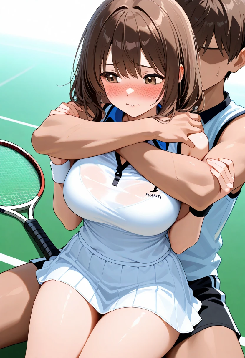 (NSFW:1.2)、(masterpiece, highest quality),  Intricate details,(summer、Tennis court)、(Black Hair)、(Tennis uniform、White and pink clothes、Perfect clothing、White tights、Hero of Justice Outfit、Pink ribbon、Put on the gloves、White and Pink Rider Suit、Jumper)、(The men around me were wearing black tights.、The men around me are wearing sunglasses、The men around me wear masks)
One Woman、(Clothes get torn)、(20 year old female)、(cry、shout、run away、A stick enters the crotch、Clear liquid comes out of the crotch、Blood flows from the groin)
 Bearded Man, surrounded by Three Men, Scared, Think carefully, dark,Blood,(Three Men)、A man grabs his waist、Bearded Manが胸をつかむ、Young man hugging、Bearded Manが腕をつかむ、Grab the leg、Man and woman having sex、M-shaped legs、(cry、The dick goes in between my legs)、Holding a bag、fight、Tying your hands、Bind the chest with a rope、Prisoner、imprisonment、(excessive cum、cum on body:1.2、cum in puss)、(Old man licking breasts)、(Hug、Touching the chest)、((nsfw),(2man and 1woman,having sex),(girl on top,straddling),( ceiling)、A man hits a woman with a stick