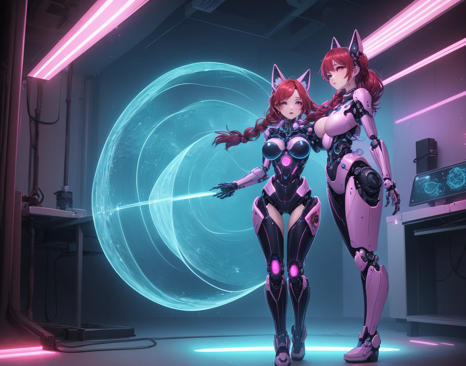 masterpiece, best quality, high resolution, 1 Girl, Super high resolution, Solitary, Mech pilot, d.and, earphone, Pink Eyes, Blue tights, Brown hair, White gloves, cat face decoration,