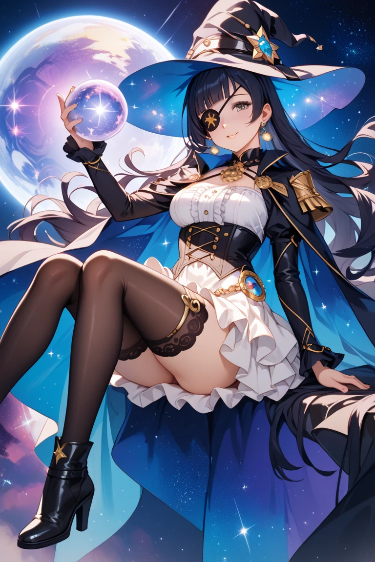 transformation, knight, pinup, after transformation, long hair, ecstasy, blush, evil smile, Qipao, aurora, meteor shower, Raising hand skyward, black hair, cape, destroying, Casting a darkness destruction spell, purple eyes, knee boots, stand-up collar, black long china dress, piercings, octagonal yin yang mirror, 1 boy, femboy, runes, gold decoration, earrings, chains, bracelets, yin yang, belts, tassel, beautiful art, depth of field, high res, perfect face, detailed outfit